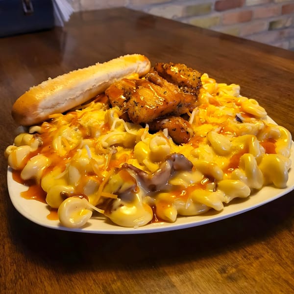 Macaroni and cheese topped with chicken wings, hot sauce, and a breadstick on a white plate.